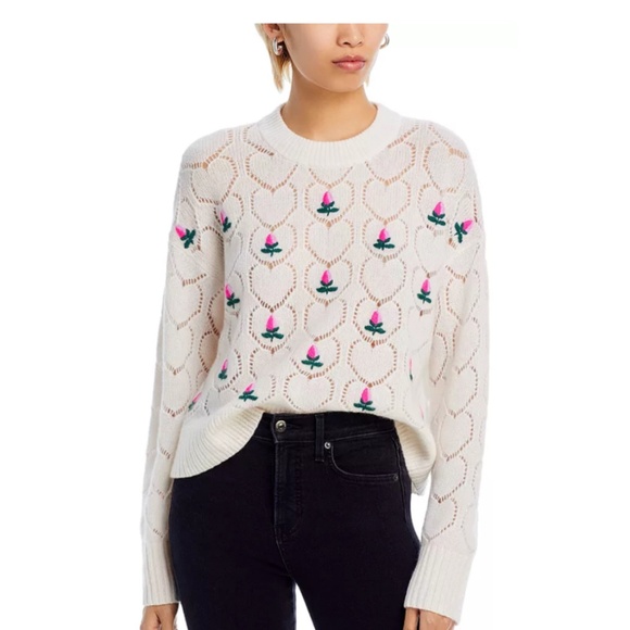 Luxurious 100% Cashmere Pointelle Embroidered Crewneck Sweater By Aqua in Ivory - Picture 1 of 8